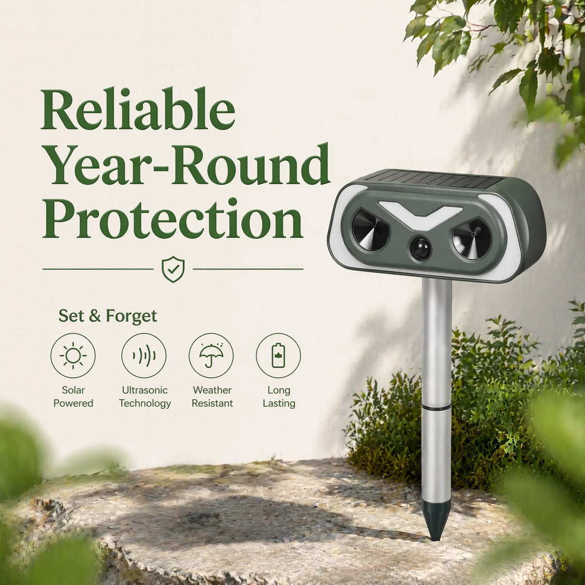 Humane 20-30Hz Low-Frequency Animal Repellent Outdoor - IP66 Waterproof Dog & Cat Training Aid, PIR Sensor, Low-Freq Wave, Solar Charging, ABS Plastic, Motion Sensor Lights, Easy Installation, 9-10In above Ground Placement